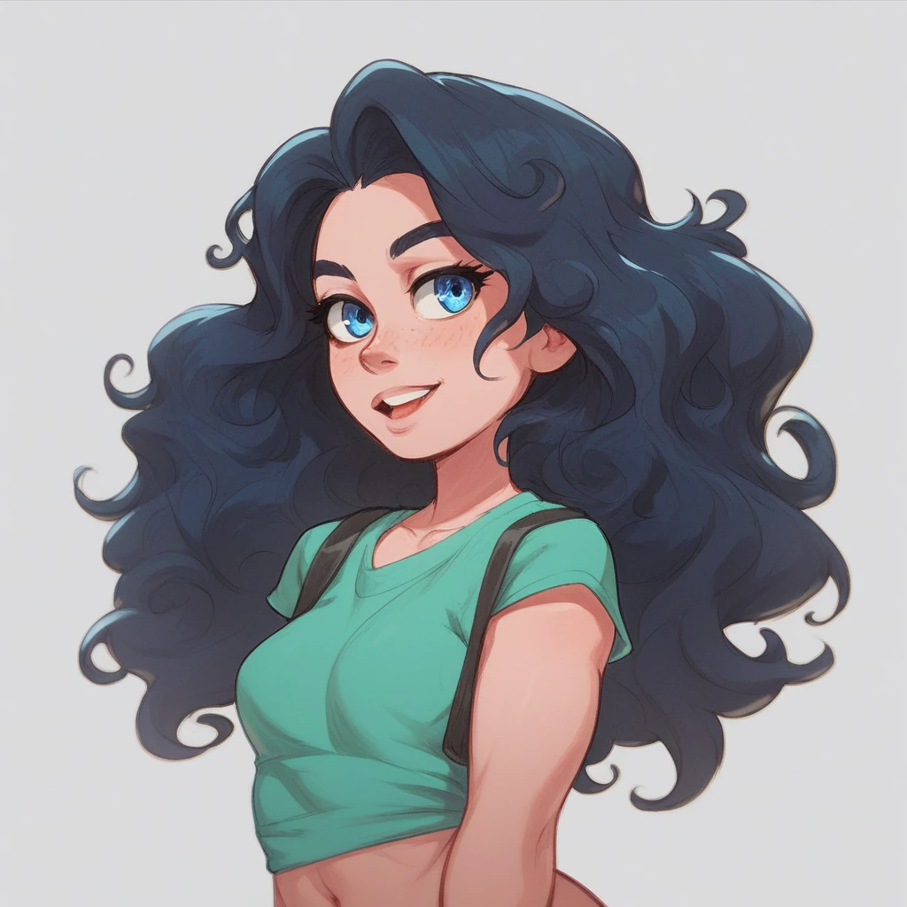 Ralph Bakshi style, curvy blue eyed girl with long wavy black hair and small breasts 