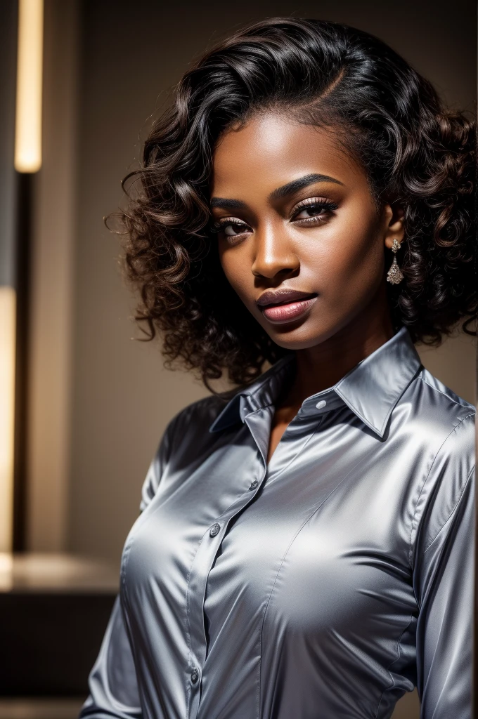 Masterpiece, an award winning portrait of an Ebony 30 years old female beautiful business executive, ultra detailed face, ultra high detailed eyes, ultra realistic skin, (textured skin, skin pores, half body shot:1.1), brown skin, dark brown long curly hair, hair over one eye, brown eyes, dark eyes, thin eyebrows, perfect teeth, red lipstick, seductive makeup, Armani satin business shirt, 32K, ultra high res.photorealistic, UHD, Leica SL2 + Leica Vario-Elmarit-SL 24-70 f/2.8 ASPH, RAW, sharp ,natural lighting, a corporate photography