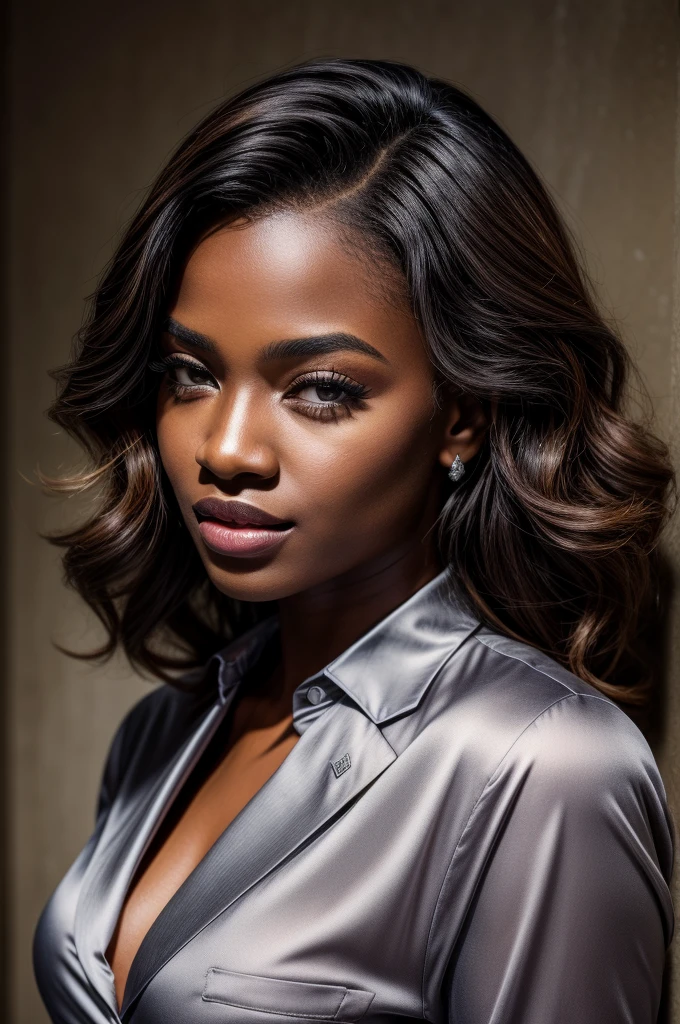Masterpiece, an award winning portrait of an Ebony 30 years old female beautiful business executive, ultra detailed face, ultra high detailed eyes, ultra realistic skin, (textured skin, skin pores, half body shot:1.1), brown skin, dark brown long curly hair, hair over one eye, brown eyes, dark eyes, thin eyebrows, perfect teeth, red lipstick, seductive makeup, Armani satin business shirt, 32K, ultra high res.photorealistic, UHD, Leica SL2 + Leica Vario-Elmarit-SL 24-70 f/2.8 ASPH, RAW, sharp ,natural lighting, a corporate photography