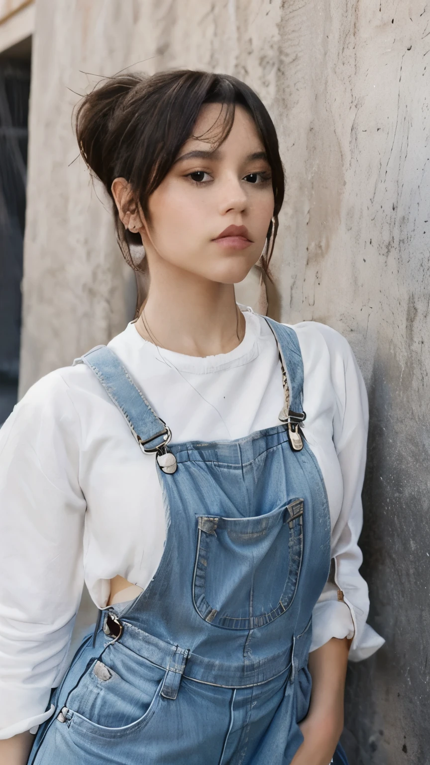 jenna ortega, long ponytail,
pink overalls, studs, white shirt, sneakers, detailed skin,
medium shot, upper body, simple solid background, portrait,