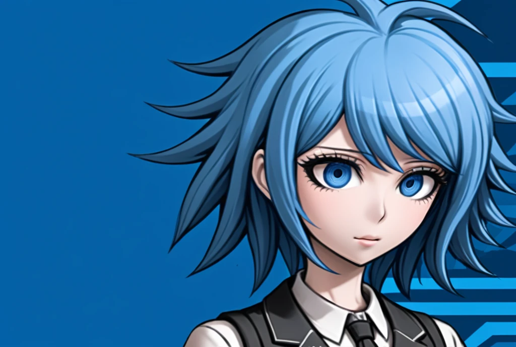 Woman, blue, elegant design,content expressions, danganronpa style, thick lines, full-body portrait, detailed eyes, close-up, 