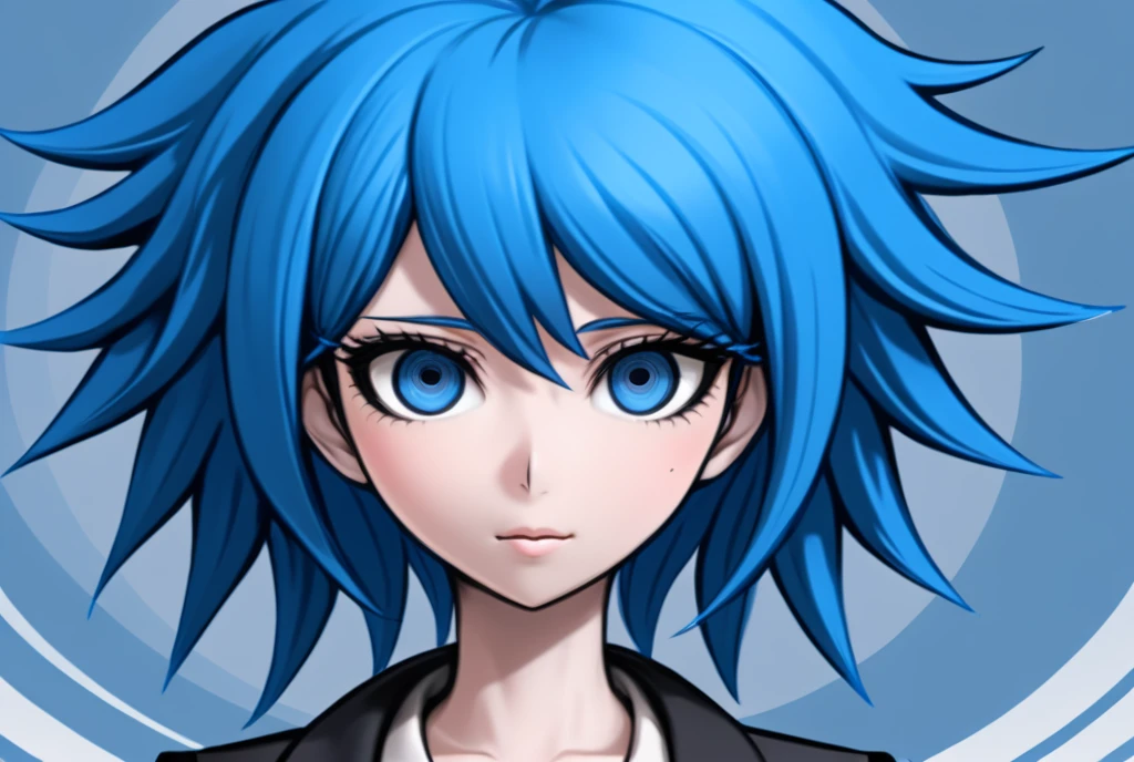 Woman, blue, elegant design,content expressions, danganronpa style, thick lines, full-body portrait, detailed eyes, close-up, 