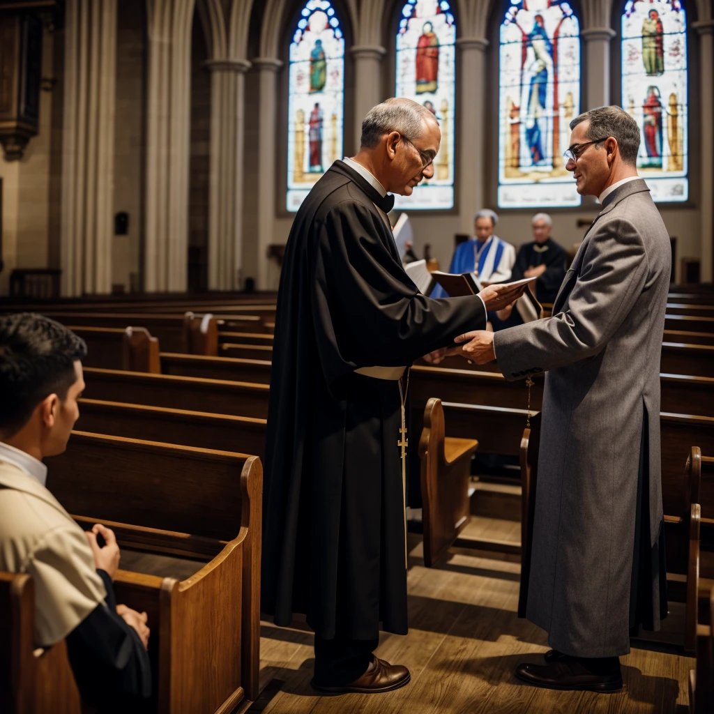 a man in church talking to a priest