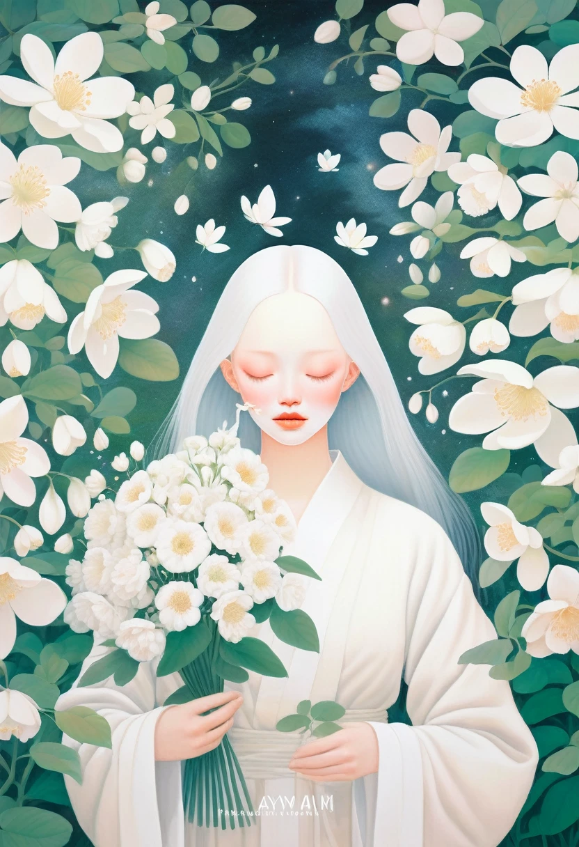 Soft space，Soft tones，Hazy and mysterious，A lot of mist and white flowers，blond woman with white flowers covering her face and eyes, inspired by Hsiao-Ron Cheng, inspired by Yanjun Cheng, by Ayami Kojima, by Hsiao-Ron Cheng, by Yanjun Cheng, Guweiz, artwork in the style of Guweiz, by Eizan It&#39;s a gift, cake, james jean and wlop