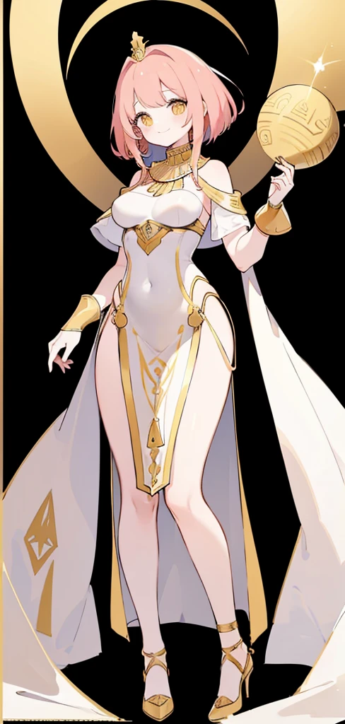 a beautiful long red-haired girl wearing an elaborate egyptian queen's costume, sexy white egyptian dress with colored striped fabric hem, beautiful slim thighs, full body view, short hair, golden eyes, in the style of an egyptian golden cat, white background, photorealistic, 8k, high quality, detailed, vivid colors, dramatic lighting, Wearing high gold shoes, cute face is obvious, (blank white background with no other objects) Slim body, Standing straight pose, both free hand poses (smile