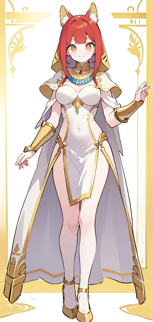 a beautiful long red-haired girl wearing an elaborate egyptian queen's costume, y white egyptian dress with colored striped fabric hem, beautiful slim thighs, full body view, short hair, golden eyes, in the style of an egyptian golden cat, white background, photorealistic, 8k, high quality, detailed, vivid colors, dramatic lighting, Wearing high gold shoes, cute face is obvious, (blank white background with no other objects) Slim body, Standing straight pose, both free hand poses (smile