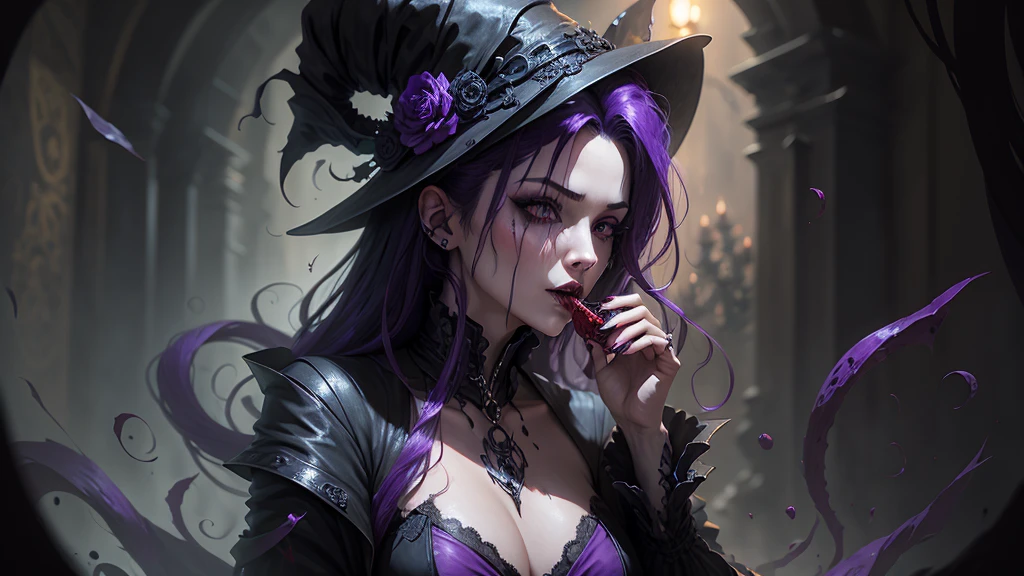 A sensual vampire woman with black and purple hair with blood in her mouth
