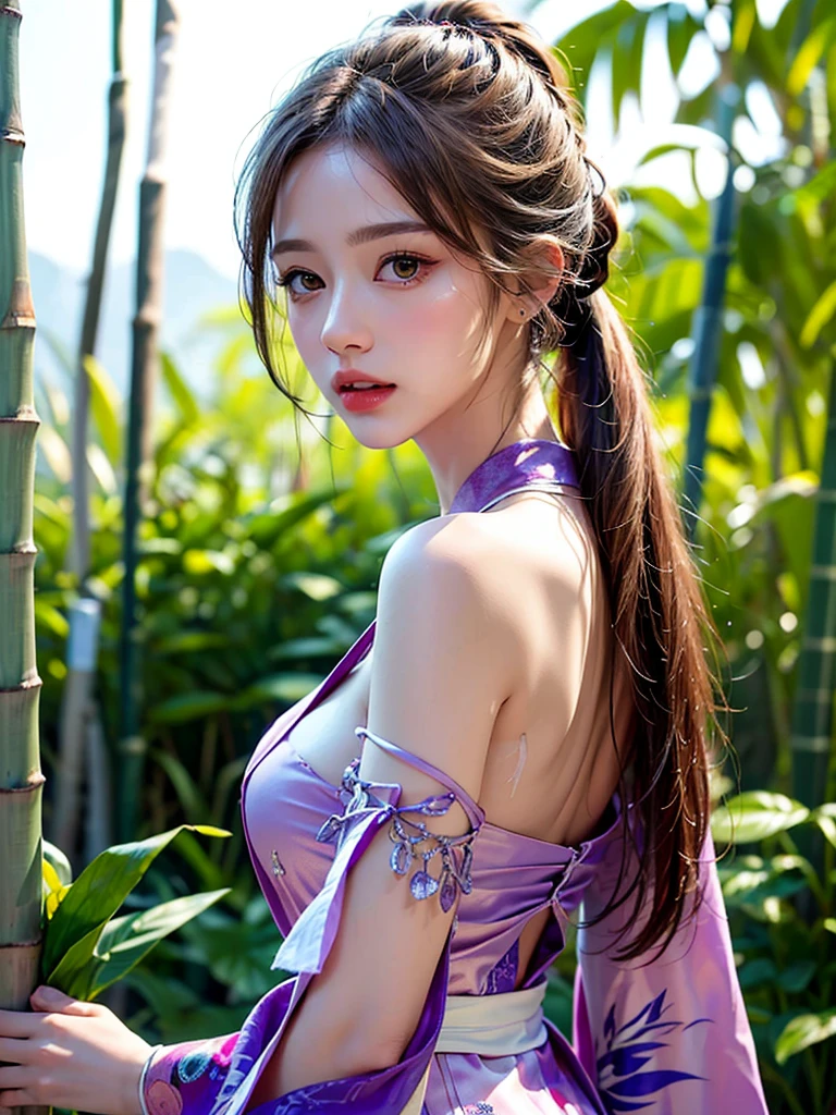 masterpiece, best quality, extremely detailed CG unity 8k wallpaper, Wearing a detailed, high-definition purple kimono。lips, Open_mouth, Realistic, photograph_\(Moderate\), alone, (masterpiece),(photographRealistic:1.3), Very detailed, (Skin with attention to detail:1.2),(Highest quality:1.0), (Ultra-high resolution:1.0), Beautiful long hair tied in a ponytail, (Beautiful and detailed makeup), (Sexually excited、Blushing、breathing becomes rough:1.0), Looking back from a rear angle。The background is a bamboo forest with many strips of paper.。