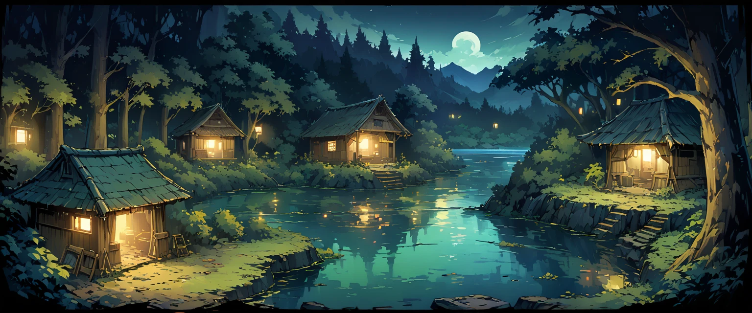 forest，forest被神秘的微光笼罩，forest有一个湖，The lake is surrounded by bushes and trees，There is a dilapidated hut。night，Night view。Mid-ground composition，Panorama pictures，Scene screen，Game concept art style，Anime illustration style，HD，4K。