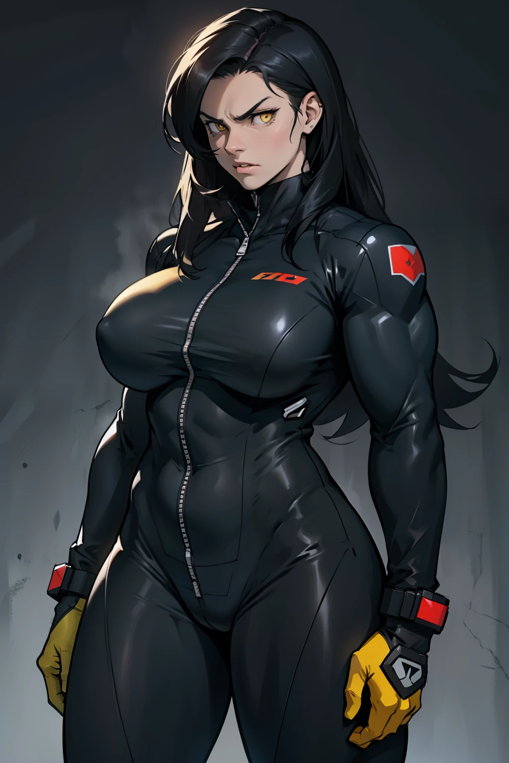(bodybuilder huge breasts) pale skin yellow eyes black hair very long hair 1girl dark atmosphere thick thighs grey background tight clothes angry black bodysuit pilot suit skintight