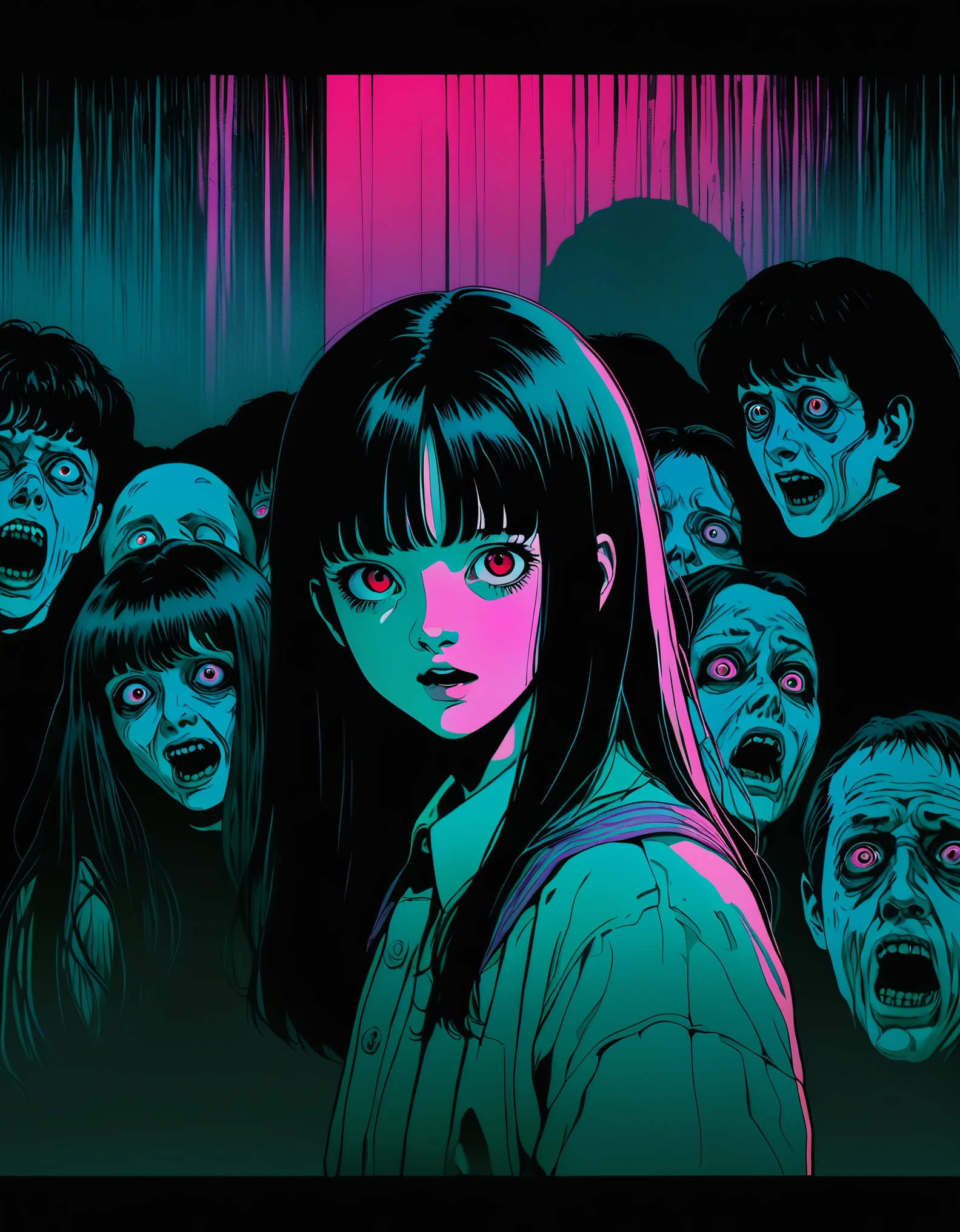 illust、art、from 80s horror movie, directed by Junji Ito、exorcist、high detail, realsitic shadow、Analog style, vhs style, 8mm film, chromatic aberration, Dvd screengrab、Complementary color gradient