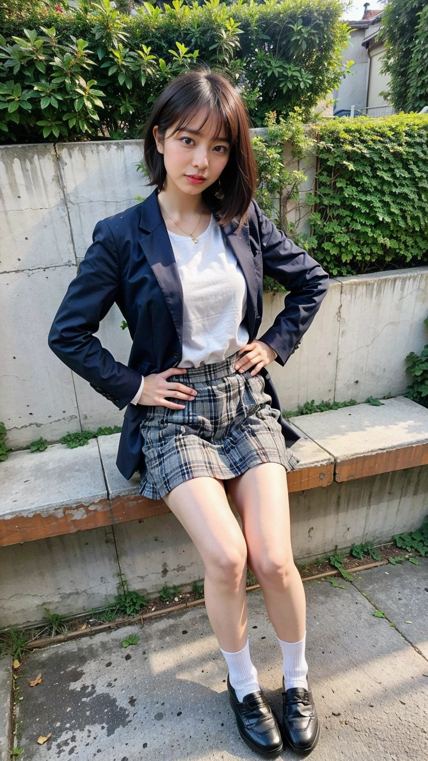 (8K、RAW Photos、Highest quality、masterpiece:1.2)、(Realistic、Realistic)、1 Girl、((Black Check Mini Skirt、High School Uniform、blazer、Thin legs、Navy Socks、loafers、Medium Hair、garden、View from the front、Looking into the camera、Stand with hands on hips))、cute