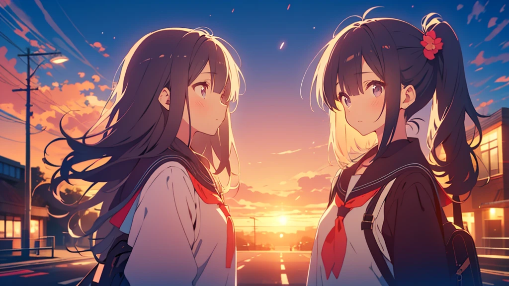 bangs, Long Hair, Hair above the eyes, Lost in Thought, Side Ponytail, Anime Style, 超High resolution, masterpiece, Textured skin, High resolution, Highest quality, High school girl standing on a street corner, in the evening,
