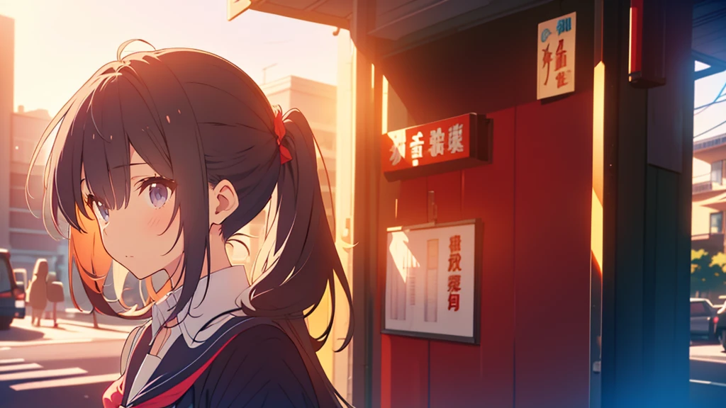 bangs, Long Hair, Hair above the eyes, Lost in Thought, Side Ponytail, Anime Style, 超High resolution, masterpiece, Textured skin, High resolution, Highest quality, High school girl standing on a street corner, in the evening, 
