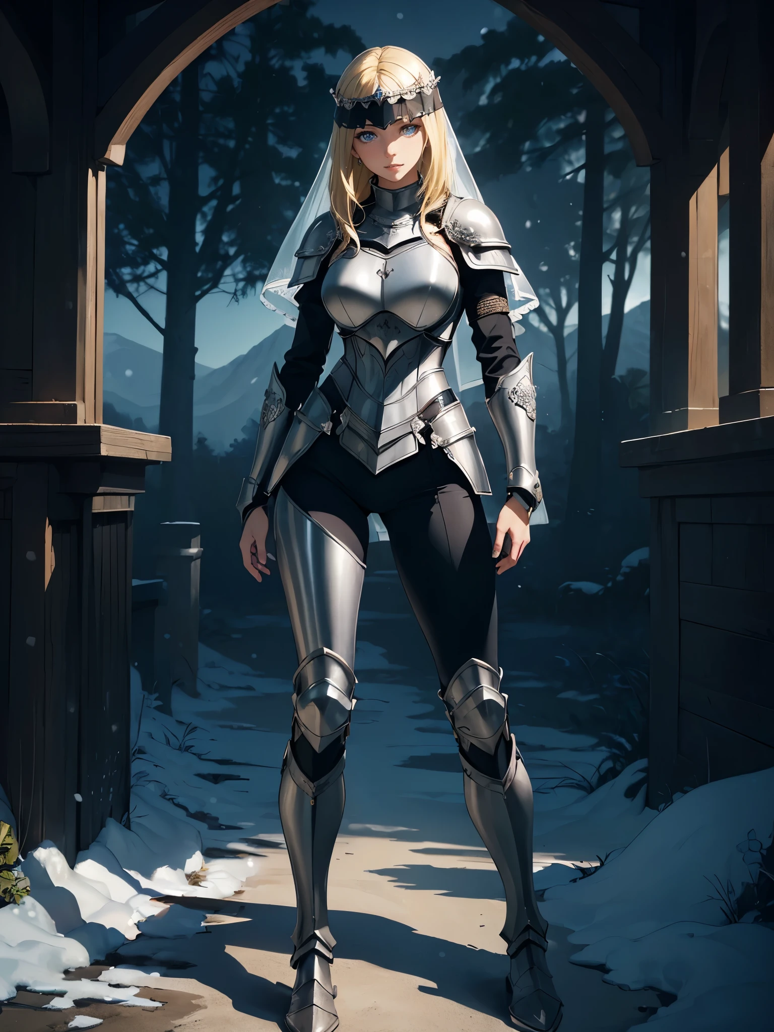 ((1girl, solo)), beautiful body, (perfect anatomy, perfect body, perfect hands, perfect legs), (five fingers:1.5), natural proportions, sexy body, large breasts, cowboy shot BREAK 

((extremely detailed face)), (beautiful detailed eyes:1.6), (realistic pupils, realistic iris:1), expressive eyes, looking at viewer, (clear eyes:1.3), (hyperrealistic:1.2), (detailed skin texture:1.2), smooth skin, (blonde hair:1.5), blue eyes, long hair, (detailed lips:1.2), (attractive lips:1.1), (glossy lips:1.1), (grin), perfect face, perfect eyes BREAK

female knight, (veil:1.5), long sleeves, (armor:1.5), (breastplate:1.5), (shoulder armor:1.2), (arm guard:1.3), armor gloves, (black pants:1.5), skin tight, (((pelvic curtain))), (greaves:1.3), armored boots, belt BREAK

(outdoors:1.5), (day:1.3), nature, (winter:1.3), trees, (shade of trees:1.2), (snow), mountain range, medieval BREAK


(masterpiece:1.5), anime-style, top quality, best quality, (beautiful and aesthetic:1.2), (ultra detail:1.5), Ultra-detailed depiction, Ultra-precise depiction, extremely detailed 8k illustration, high resolution, (highly detailed shading:1.2), (realistic lighting:1.4), perfect lighting, vibrant colors, dynamic tones, striking hues, 8k, absurd resolution, perfect shadows, hdr, UHD, ambient lighting, realistic, ultra-realistic, photo realistic, highly detailed, rich detail, luminous colors, fine texture, intricate design, professional illustration, (soft light:1.2), (illustration:0.7)