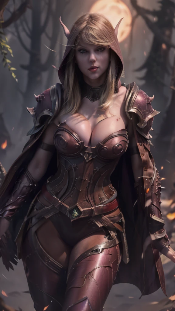 (Taylor Swift) as Sylvanas Windrunner wearing intricate dark armor with purple accents, (micro bikini armor), cape, undead shoulder pads, shoulder armor, elf ears,((topless:1.5)),(breasts visible),(big breasts:1.2, huge cleavage:1.2), (hourglass shaped body),(big booty),holding a bow as she stands in a dark, foreboding forest setting with twisted, gnarled trees, glowing mushrooms, and a full moon in the night sky, sylv-lora