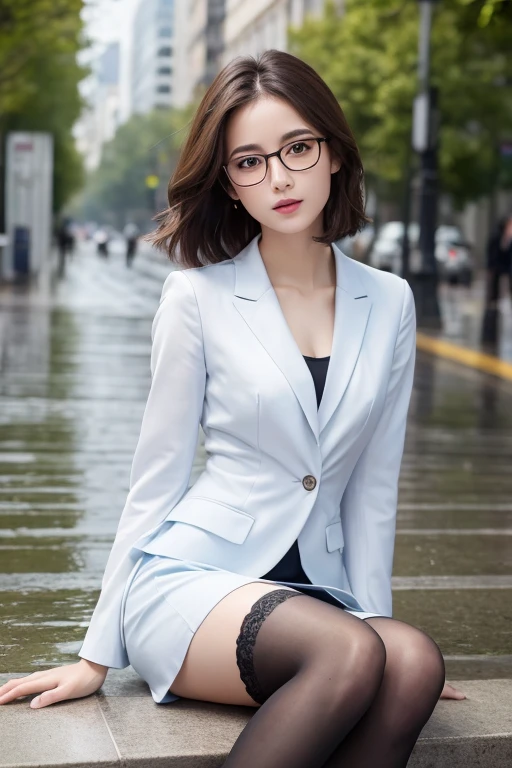((Highest quality, 8K, masterpiece:1.3)), concentrate: 1.2, Perfect Body Beauty: 1.4, Hip: 1.2, ((Layered Haircut, chest: 1.2)), (Wet clothes: 1.1), (rain, street:1.3), Bandeau dress: 1.1, Highly detailed face and skin texture, Beautiful Eyes, Long, narrow eyes、Whitening skin, Long Hair, (shut up: 1.3)、Thin cheeks、Highest quality, Full body portrait, Delicate face, Pretty face, 25-year-old woman, Slim figure, Small Bust, OL Uniform, Office Clothes, Black Stockings, Outdoor Scene, Sitting posture, Wear glasses