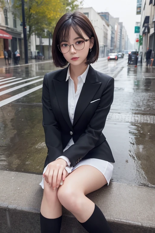 ((Highest quality, 8K, masterpiece:1.3)), concentrate: 1.2, Perfect Body Beauty: 1.4, Hip: 1.2, ((Layered Haircut, chest: 1.2)), (Wet clothes: 1.1), (rain, street:1.3), Bandeau dress: 1.1, Highly detailed face and skin texture, Beautiful Eyes, Long, narrow eyes、Whitening skin, Long Hair, (shut up: 1.3)、Thin cheeks、Highest quality, Full body portrait, Delicate face, Pretty face, 25-year-old woman, Slim figure, Small Bust, OL Uniform, Office Clothes, Black Stockings, Outdoor Scene, Sitting posture, Wear glasses