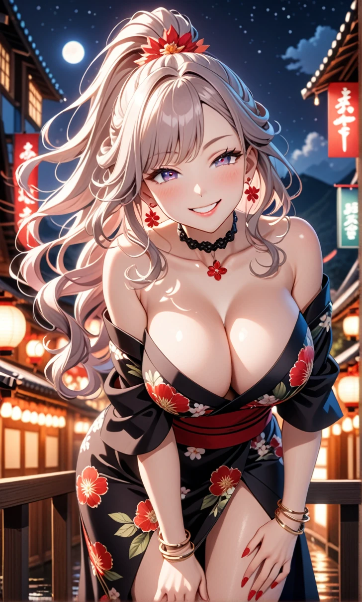 ultra-detailed, ((one girl)), in pastel colors girl, hyper detailed, absurdres, 8K, fair skin, Beautiful Face, (Laugh shyly), ((teasing smile:1.8)), ((Wink:1.8)), (Laugh with your mouth wide open),((Tilt your head:1.4)), View your viewers, ((Bright red cheeks:1.6)),Glossy Red Lips, ((Big Breasts:1.5)), ((show off breast:1.4)), (valley), night, Riverside,On Bridge, firework, (Brighten your face), ((Anime style background)),masterpiece, Highest quality, so beautiful,Latest, Complex details, (Pink long nails), (nail art), (ring),(bracelet), (Floral Choker),AI-generated, Complex,High resolution, Highest quality, super high quality,3D Images、3D Images,One person,long white hair,(High Ponytail), (wavy hair:1.3), Monotone anime woman posing for a photo, ((Fine grain、blue eyes、glowing eyes:1.4)), (Squint your eyes:1.1),a hyperRealistic , hyperRealistic , Realistic,Anime woman with long white, Smooth anime CG art, A girl in a gorgeous black kimono, ((undressing)), ((black furisode)),(Large floral pattern) ,Long flower hair ornament,Floral Earrings,Mature Body, tall,Abdominal muscles,Tight waist, ((leaning forward:1.7)), (front view),