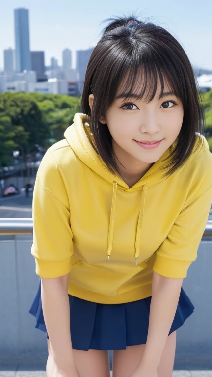 (masterpiece:1.3), (8K, Photorealistic, RAW Photos, Best image quality: 1.4),20 year old cute Japan woman、(Medium Hair)、(ponytail)、(Perfect body)、(Perfect proportions)、Super detailed face、double eyelid、Sharp focus:1.2、Jet Black Hair、Straight Hair､Highest quality、masterpiece、Ultra-high resolution、(Photorealistic:1.4)、(hoodie)、(Flared mini skirt)、whole body, Long legs、Highly detailed face, Beautiful Eyes, double eyelid､Are standing､sunny、Bend over and peer at me、smile、Tokyo cityscape、Outdoor、blue sky