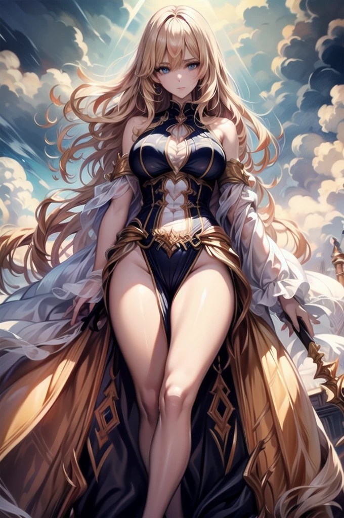 (masterpiece) - A captivating image of an ethereal goddess wielding a long sword, Adorned in shimmering grey and silver armour. Her sky blue eyes, It features intricate stripes and gold flecks., It captivates the viewer with its air of authority and nobility.. Her white skin, Shining beneath the soft gold of the armor, A testament to her divine heritage.. Her long, Her flowing blonde and golden hair flows effortlessly behind her.々and flowing, Captures light and is delicate, Sparkling Thread. The scene is set against a dramatic backdrop, Stormy Skies, Adding elements of drama and mystery