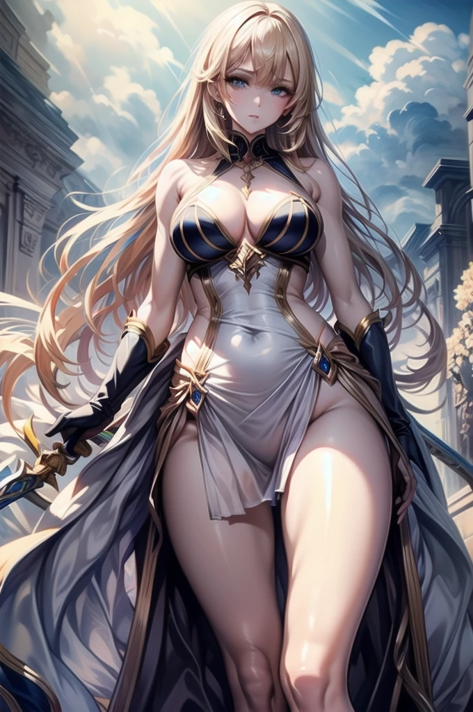 (masterpiece) - A captivating image of an ethereal goddess wielding a long sword, Adorned in shimmering grey and silver armour. Her sky blue eyes, It features intricate stripes and gold flecks., It captivates the viewer with its air of authority and nobility.. Her white skin, Shining beneath the soft gold of the armor, A testament to her divine heritage.. Her long, Her flowing blonde and golden hair flows effortlessly behind her.々and flowing, Captures light and is delicate, Sparkling Thread. The scene is set against a dramatic backdrop, Stormy Skies, Adding elements of drama and mystery