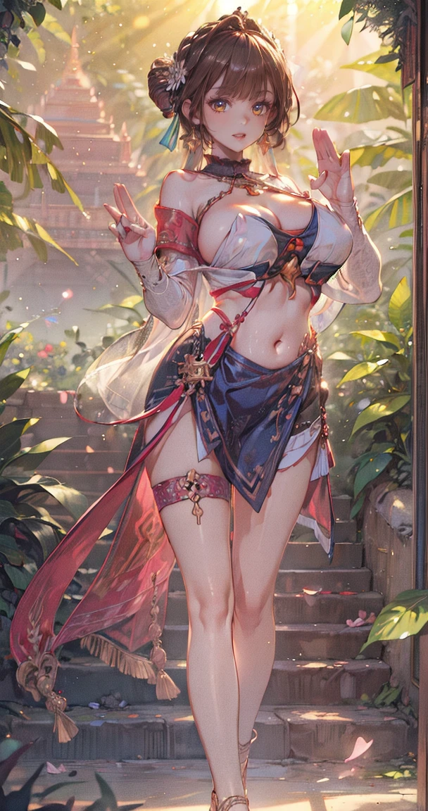 (Masterpiece:1.5), (((High qualityสุด, best quality, High quality))), ((complicated details, very detailed, Crazy details)), height, 32ก, Extremely detailed CG 8K unity wallpaper., (beautiful and beautiful:1.2),, (depth of field:1.3), (Flawless.:1.3), (Delicate depiction of details:1.4),
(((Abundant natural light, Delightful bright colors))), (Ambient volumetric backlight:1.5),  (Illustration of an extremely beautiful young woman:1.3),
(upper body:1.4), (perfect center:1.4), (Natural willow pose:1.5), (((dynamic poses, movie corner))),
(1milf:1.5), (alone:1.4),
beautiful beautiful face, [(detailed face:1.2):0.2], Bright eyes, Pure Rose Face_v1, ulzzang-6500-v1.1,  (gag:1.5), (red lips:1.4), (full lips:1.4), (smile:1.3),
Flawless attractive body, (((The feminine curves are pronounced.))), Skin glows brightly., realistic skin, hair follicles, (((Tightening belly, navel, Groin:1.3))),
(((Golden thread flutters.))), (Fringed tassels:1.3), (Tight long sleeves:1.4), (Single neck), (The invention shines.:1.5),(Strapless Thai dress with no straps:1.3),(Show your breasts,The crevice is clear.), (Elegant and intricate clothing accessories:1.5), (Embroidery work decorated with gems:1.4), (sparkling clothes:1.4), (sparkling particles:1.3), (((The front seam is sagging., Sagging back seam))), (((earring, armband, Hair clips, hair accessories))), (Stand alone in a magical outdoor garden decorated with gems and colorful exotic flowers and shrubs.:1.5), (Outside the great ancient palace:1.5), (((full body))),(((ขับnavel,List of dances,Thai Dance))), big breasts,Show your breastsของคุณ,The cracks are clear...,((big tits))，(pubic bone), rift, visible chest, ((bare breast:1.37)), I see bulging nipples.,(((large areolae:1.4,pink,The nipples are clearly visible.....)))

