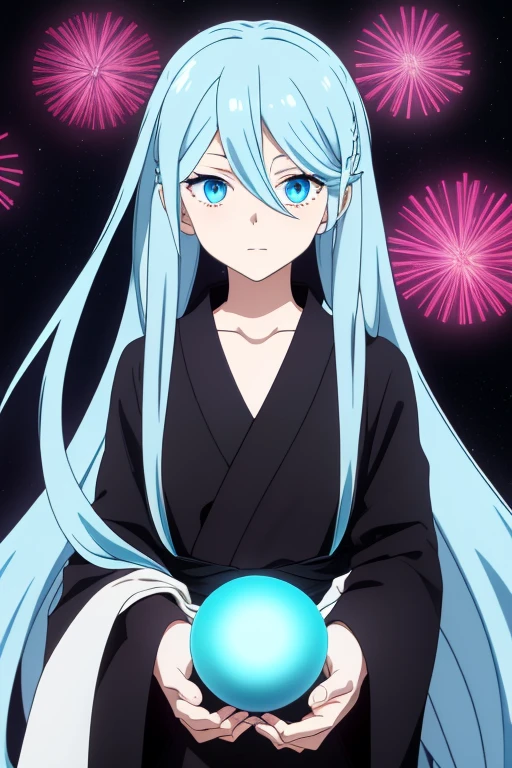 Light Blue Hair, Long Hair, Fair Skin, False Hair, Magic , Odd Eye, one person, Bust Up, Right Eye, Light Blue Eye, Left Eye, Pink Eye, gown, gown smail 笑顔 Black Robe Black Robeを着ている Red tie shirt Long hair with twin tails Half Twin flower anime風The design anime「Mashle」The design 日本のanimeThe design fine Black Robe Half Twin Long hair with twin tails Half Twin One person