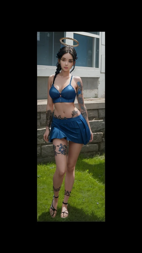 A beautiful girl full body, braided black hair, with blue bra, with blue skirt, with a tattoo on his leg and a halo over his head.