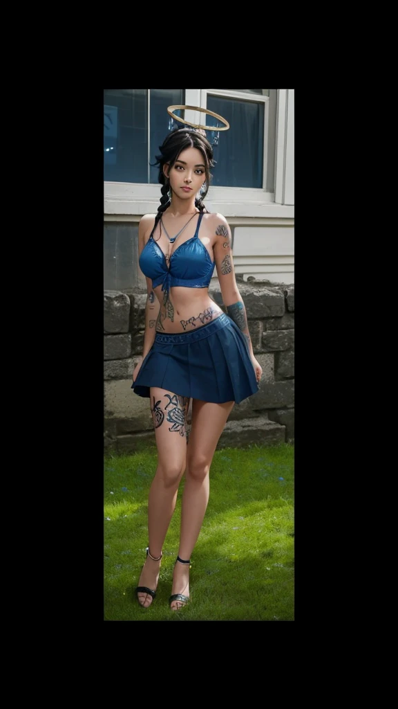 A beautiful girl full body, braided black hair, with blue bra, with blue skirt, with a tattoo on his leg and a halo over his head.
