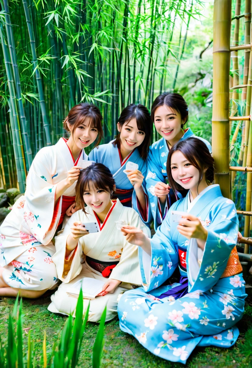 Several women wearing cool yukatas、Sitting in front of the bamboo decorations, writing wishes on strips of paper。Blue sky and bamboo、Japanese-style room、pond in the garden、Take a selfie、smile