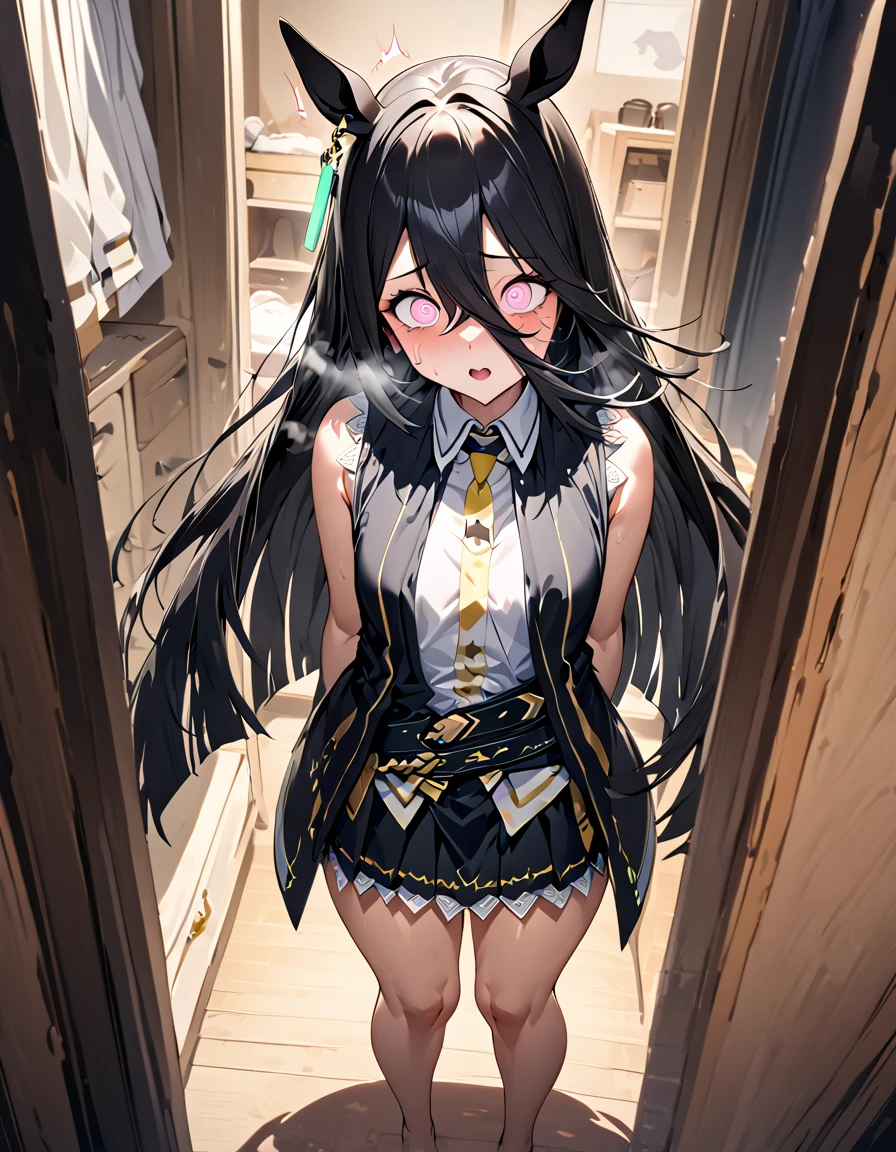 Manhattan Cafe Base, Black Hair, Long Hair, Horse ears, earrings,Sleeveless shirt, (masterpiece),(Highest quality),(Super detailed),(Best illustrations),(Best Shadow),(Absurd),(Detailed face),(so beautiful),One girl,Dim Lightning,In the dressing room,In the heat,Excited,View your viewers,Heavy breathing,Shiny skin,Sweat,,,Old age,, Watery eye,,Are standing,Open clothes, Micro Skirt,Open Vest,Open shirt,No underwear, Puffy nipples,Hypnotized face,Pink Eyes,orgasm, (Masturbation), (Squirting), sexual excitement,Composition from the front