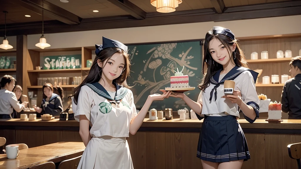 8K、RAW Photos、Highest quality、Super detailed、Super Resolution、Ultra HD、8K壁紙、Amazing details
((((((Inside the Starbucks store、16 year old high school girl in sailor suit))))))、((((((Eat cake、Drink coffee、smile))))))、((Heart Necklace))
((Emphasize cleavage))


Modern and sleek design：Many of the interior designs are warm and made using wood and metal.、We value natural materials。
Large windows：自然光を取り入れるためのLarge windowsがあり、Creating a bright and open space。
Green Interior：Potted plants are effectively placed、We create a relaxing space。
artwork：Artworks by local artists、Starbucks themed art on display。
Cozy seating：Cushioned chairs and sofas、indivual々A variety of seating options are available to suit your needs.。
Open kitchen area：Being able to see how drinks and food are made、Give your customers peace of mind and transparency。
Unique lighting：Antique lamps and chandeliers、Modern lighting fixtures are used、Enhances the atmosphere in the store。
Comfortable background music：Relaxing music playing、We offer a comfortable space。