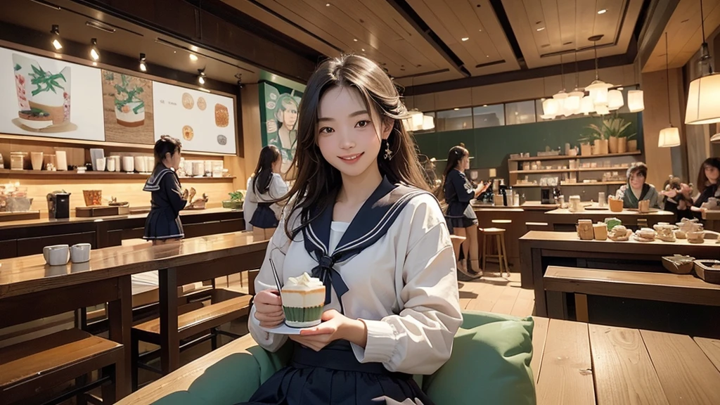 8K、RAW Photos、Highest quality、Super detailed、Super Resolution、Ultra HD、8K壁紙、Amazing details
((((((Inside the Starbucks store、16 year old high school girl in sailor suit))))))、((((((Eat cake、Drink coffee、smile))))))、((Heart Necklace))
((Emphasize cleavage))


Modern and sleek design：Many of the interior designs are warm and made using wood and metal.、We value natural materials。
Large windows：自然光を取り入れるためのLarge windowsがあり、Creating a bright and open space。
Green Interior：Potted plants are effectively placed、We create a relaxing space。
artwork：Artworks by local artists、Starbucks themed art on display。
Cozy seating：Cushioned chairs and sofas、indivual々A variety of seating options are available to suit your needs.。
Open kitchen area：Being able to see how drinks and food are made、Give your customers peace of mind and transparency。
Unique lighting：Antique lamps and chandeliers、Modern lighting fixtures are used、Enhances the atmosphere in the store。
Comfortable background music：Relaxing music playing、We offer a comfortable space。