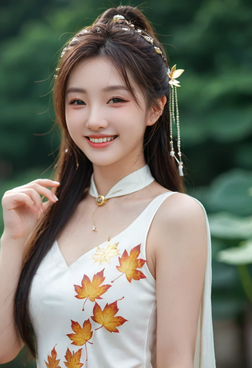 Best Quality, Masterpiece, Ultra High Resolution, (Realistic: 1.4), Xiuxian, Smiling, Shy, Belly Button, Delicate Makeup, Gorgeous Jewelry, Horse Face Dress, Detail Face,, 1 girl, white clothes, lotus print, maple leaf print, solo, weapon, (magic circle: 1.2), Xiuxian, upper body, beautiful girl, half-body, East Asian architecture, sheath, construction,