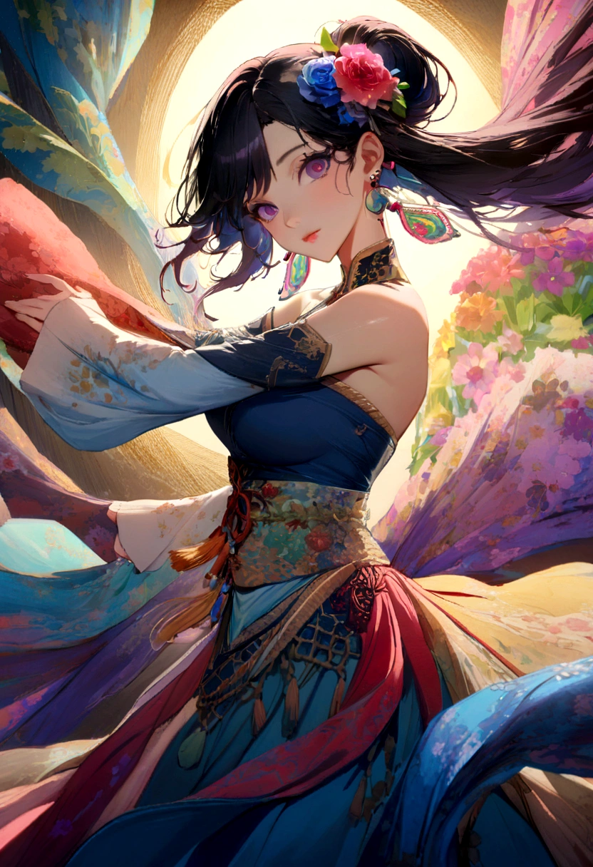 (masterpiece, Highest quality, Highest quality, Official Art, beautifully、aesthetic:1.2), (One girl:1.3),Copier (printer:1.5)Very detailed,(Fractal Art:1.1),(colorful:1.1)(Flowers:1.3),Best details,(Tangled:1.2), (Dynamic pose), (Abstract background:1.3), (Chinese traditional cloth:1.2), (Shiny skin), (Colorful:1.4), ,(Earrings:1.4),