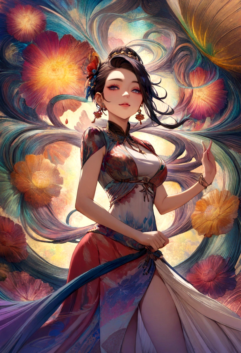 (masterpiece, Highest quality, Highest quality, Official Art, beautifully、aesthetic:1.2), (One girl:1.3),Copier （printer：1.5）Very detailed,(Fractal Art:1.1),(colorful:1.1)(Flowers:1.3),Best details,(Tangled:1.2), (Dynamic pose), (Abstract background:1.3), (Chinese traditional cloth:1.2), (Shiny skin), (Colorful:1.4), ,(Earrings:1.4),