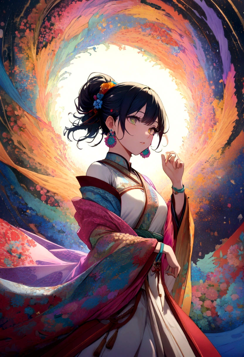 (masterpiece, Highest quality, Highest quality, Official Art, beautifully、aesthetic:1.2), (One girl:1.3),Copier (printer:1.5)Very detailed,(Fractal Art:1.1),(colorful:1.1)(Flowers:1.3),Best details,(Tangled:1.2), (Dynamic pose), (Abstract background:1.3), (Chinese traditional cloth:1.2), (Shiny skin), (Colorful:1.4), ,(Earrings:1.4),
