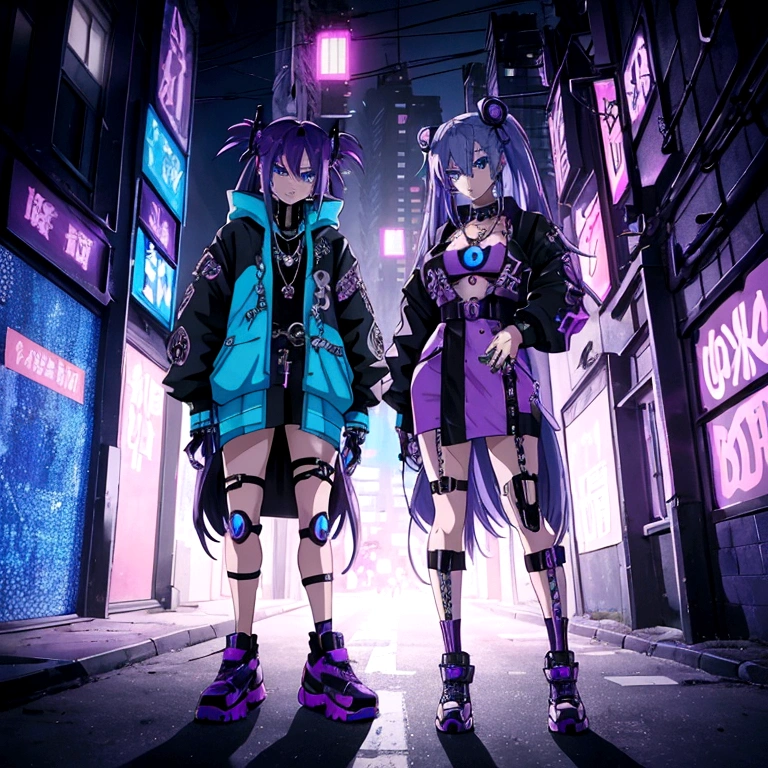 Futuristic anime cool hip-hop girl, long asymmetrical purple hair with blue tips, blue eyes, wearing a high-tech hip-hop horror style with LED accents, cyberpunk LED accessories, a subtle hip-hop touch (gold chaine necklace, confident pose, ( making a subtle hip-hop gesture), chasing shadows in the dark city.