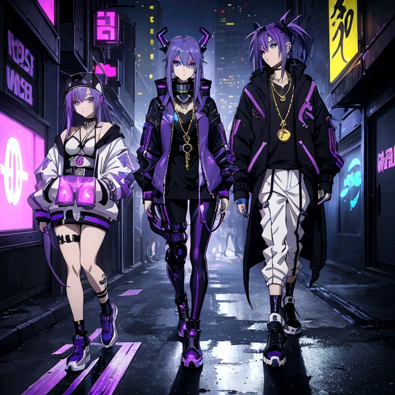 Futuristic anime cool hip-hop girl, long asymmetrical purple hair with blue tips, blue eyes, wearing a high-tech hip-hop horror style with LED accents, cyberpunk LED accessories, a subtle hip-hop touch (gold chaine necklace, confident pose,  ( making a subtle hip-hop gesture), chasing shadows in the dark city.