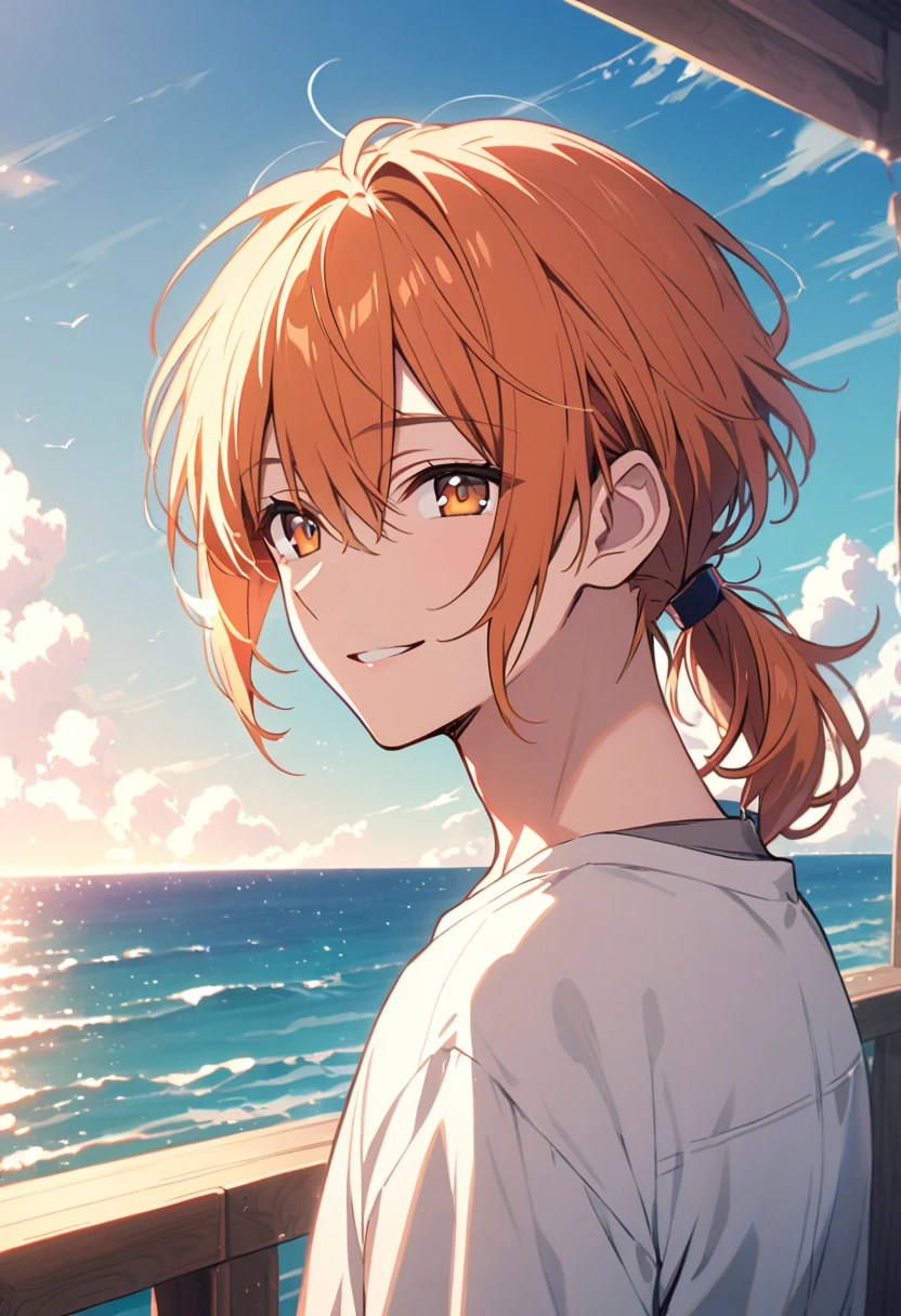 good looking, alone, 1 male, Medium Hair, Low Ponytail, Bright orange hair, Hazel Eyes, White shirt、Beautiful views、Ocean、Friendly smile