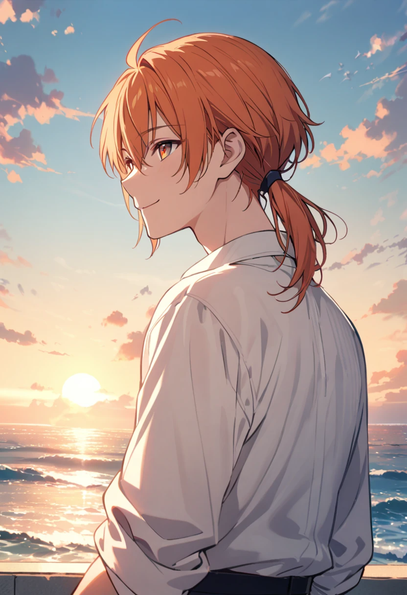 good looking, alone, 1 male, Medium Hair, Low Ponytail, Bright orange hair, Hazel Eyes, White shirt、Beautiful views、Ocean、Friendly smile