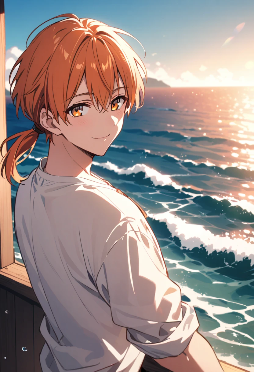 good looking, alone, 1 male, Medium Hair, Low Ponytail, Bright orange hair, Hazel Eyes, White shirt、Beautiful views、Ocean、Friendly smile