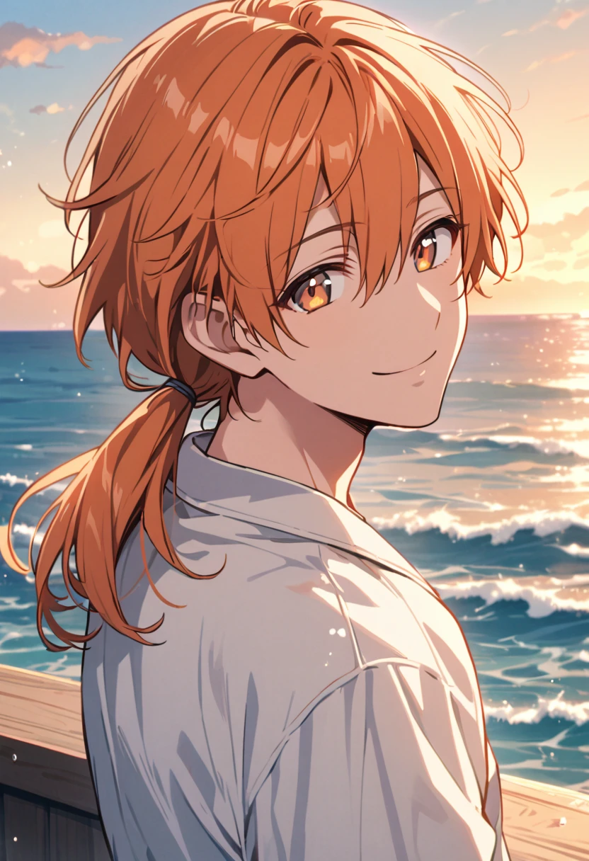 good looking, alone, 1 male, Medium Hair, Low Ponytail, Bright orange hair, Hazel Eyes, White shirt、Beautiful views、Ocean、Friendly smile