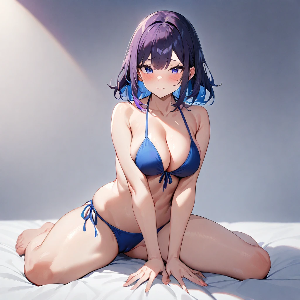 1 girl,Solo,long and shot hair,masterpiece, best quality, very aesthetic, absurdres,arms,face,hands,purple and blue,two tone color,v_arms,breasts,hand_between_legs,Bikini,Cleavage,medium hair,side-tie_bikini_bottom,feet,Cameltoe, straddle