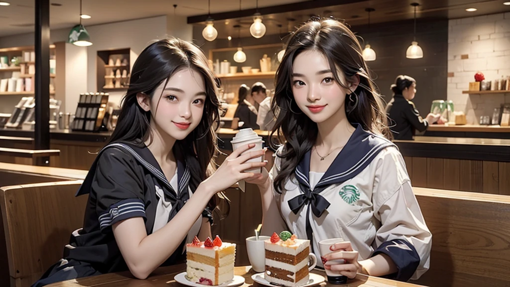 8K、RAW Photos、Highest quality、Super detailed、Super Resolution、Ultra HD、8K壁紙、Amazing details
((((((Inside the Starbucks store、16 year old high school girl in sailor suit))))))、((((((Eat cake、Drink coffee、smile))))))、((Heart Necklace))
((Emphasize cleavage))


Modern and sleek design：Many of the interior designs are warm and made using wood and metal.、We value natural materials。
Large windows：自然光を取り入れるためのLarge windowsがあり、Creating a bright and open space。
Green Interior：Potted plants are effectively placed、We create a relaxing space。
artwork：Artworks by local artists、Starbucks themed art on display。
Cozy seating：Cushioned chairs and sofas、indivual々A variety of seating options are available to suit your needs.。
Open kitchen area：Being able to see how drinks and food are made、Give your customers peace of mind and transparency。
Unique lighting：Antique lamps and chandeliers、Modern lighting fixtures are used、Enhances the atmosphere in the store。
Comfortable background music：Relaxing music playing、We offer a comfortable space。