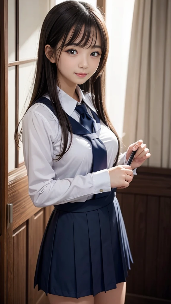 8K, Highest quality, masterpiece:1.2, RAW Photos, 1peopleの女の子, (e schrl, beautiful girl, Baby FaceDentition), night, (dark), Clear background indoors, (people々), Beautiful Bangs, nice,, (Clothing and uniforms:1.3), Soft lighting, Attractive breasts, ((怪しいdark部屋)), (Mouth closed:1.2, Beautiful Eyes, Fine grain, Detailed Iris, Beautiful Lips, Beautiful Nose, Beautiful Face), (primary color:1.5), (Gaze at the viewer, blush:1.2, Cute Smile), tie