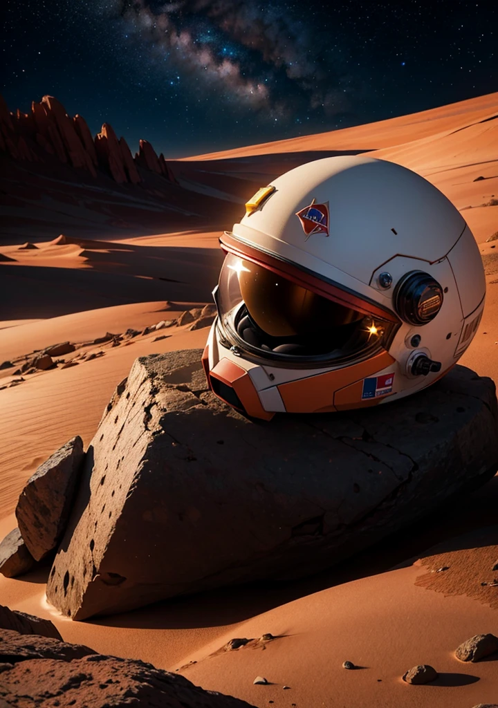 An astronaut is sitting and leaning against a large rock on the surface of Mars at night. The Martian landscape is bathed in the dim light of distant stars, and the red planet's barren, rocky terrain stretches out in the background. The astronaut's suit is illuminated by the faint glow of their helmet lights, and the scene has a peaceful, contemplative atmosphere under the vast, starry sky.