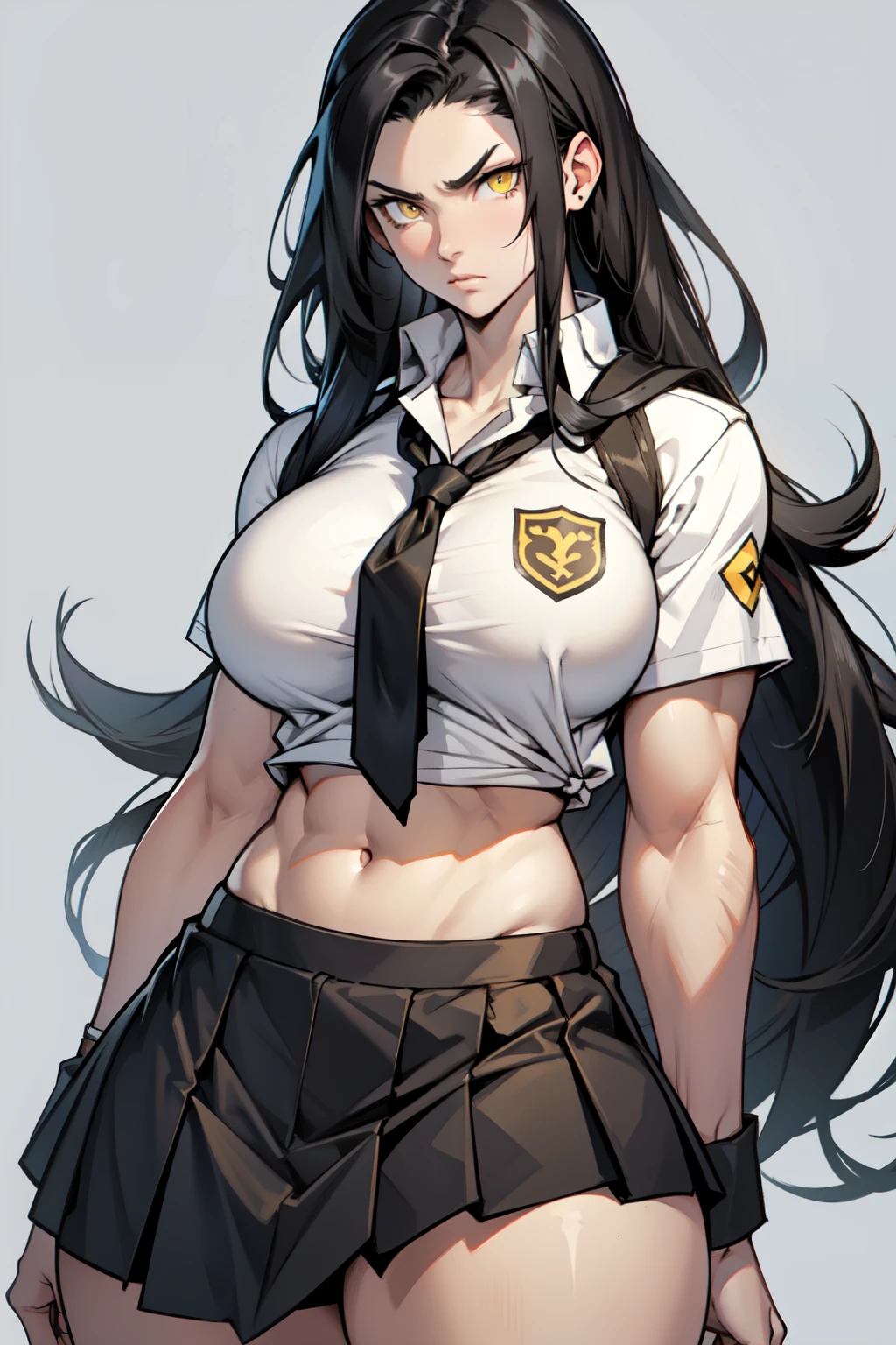 girl solo standing muscular girl toned body large breasts thick yellow eyes black hair pale skin perfect anatomy perfect anatomy perfect anatomy muscular girl toned body large breasts thick muscular girl toned body large breasts tight shirt knee-lenght skirt cleavage skirt