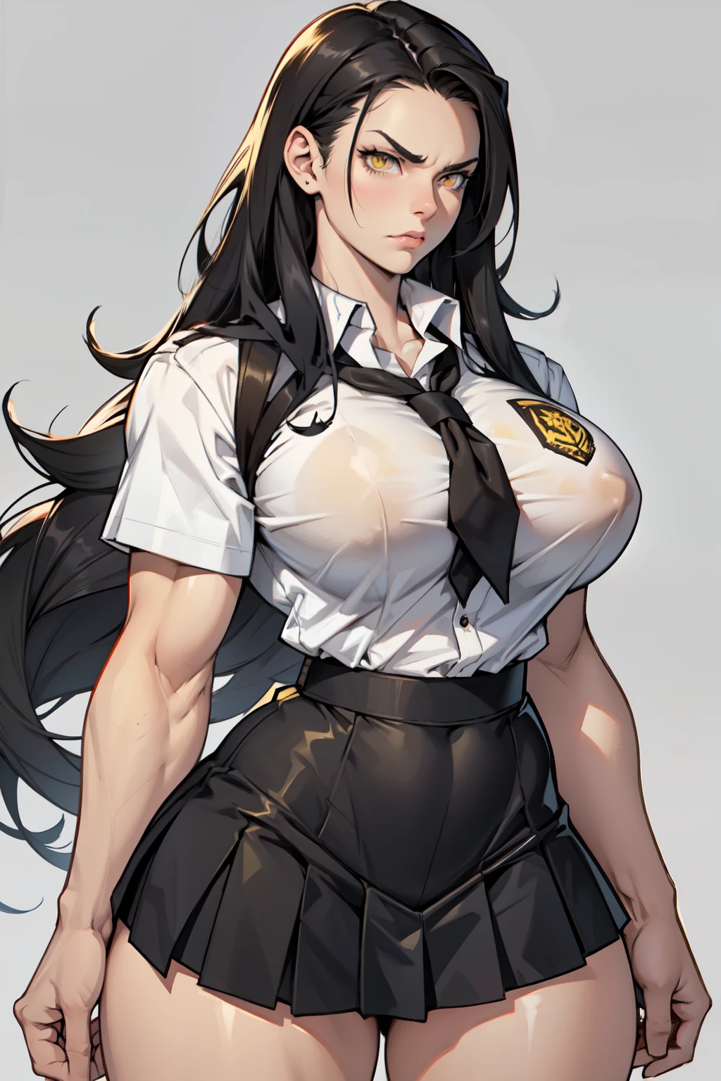 grey background 1girl black hair yellow eyes very long hair pale skin angry bodybuilder huge breasts muscular toned body curvy wide hips thick thighs (school uniform)